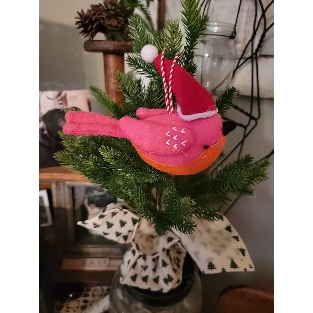Wondershop Christmas 2015 Holiday Felt Pink& Orange Bird Ornament  Red Santa Hat